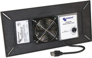 Powered crawl space fan (Model PCV1).  Powered ventilation system for crawlspaces
