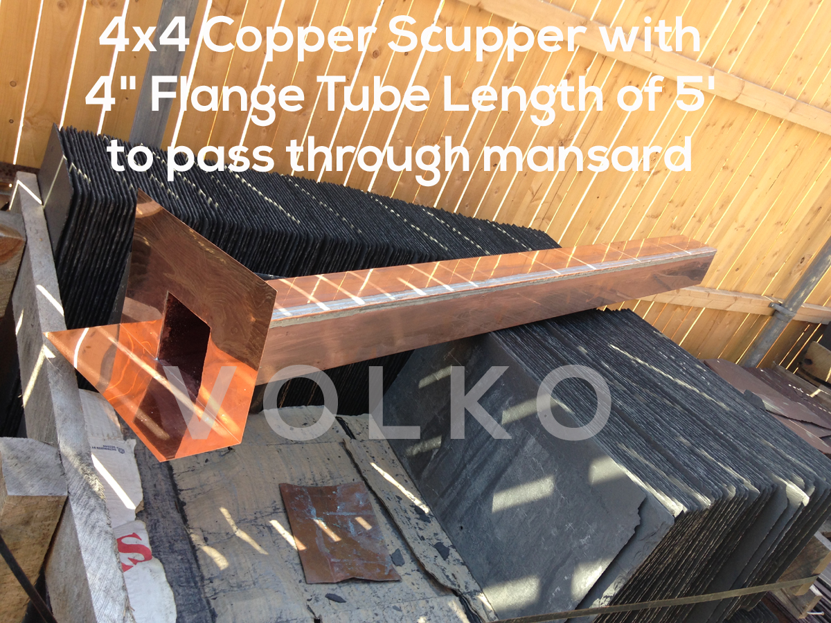 long custom copper scupper roof drain